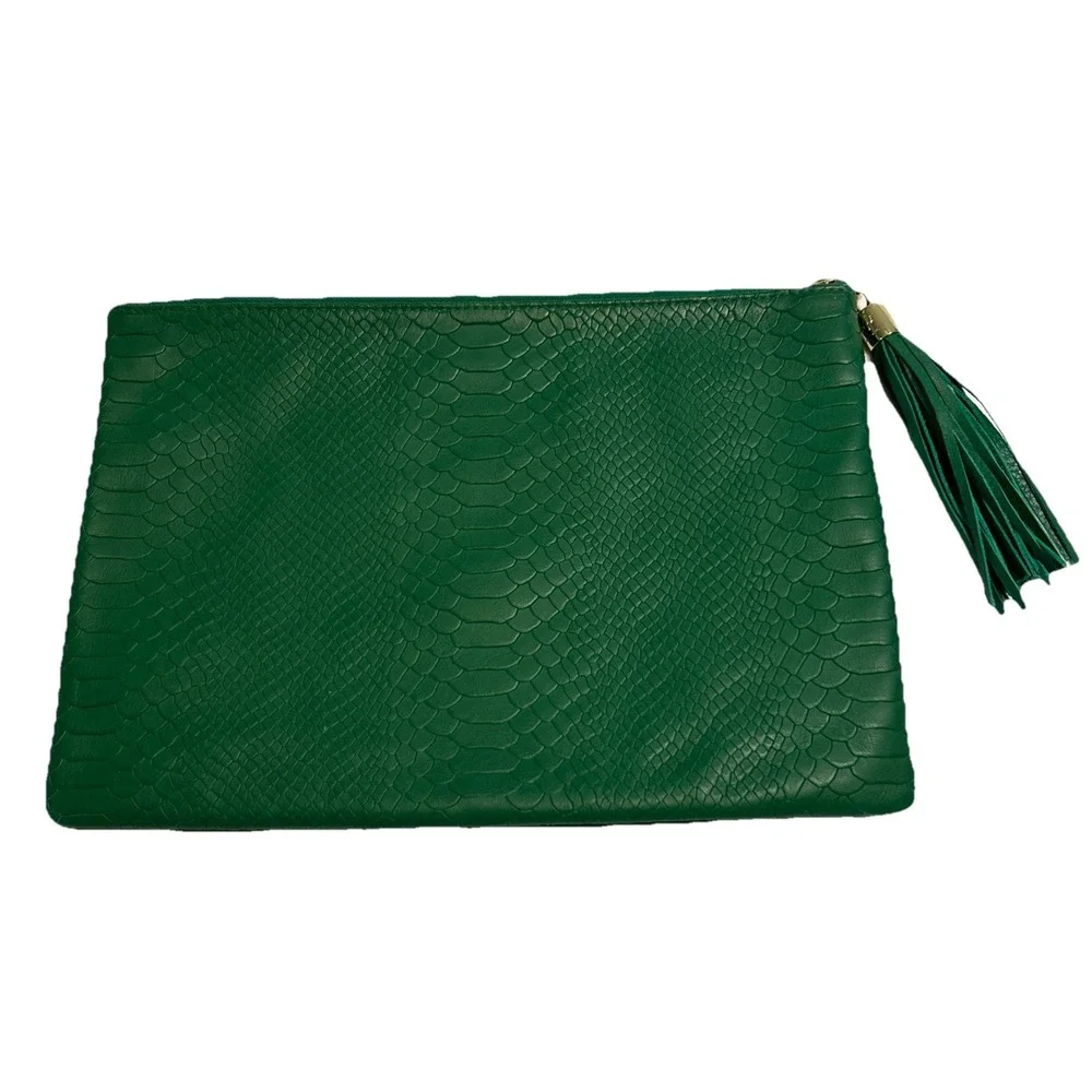 Gigi New York All In One Clutch Emerald Green Python Embossed Leather Tassel Bag